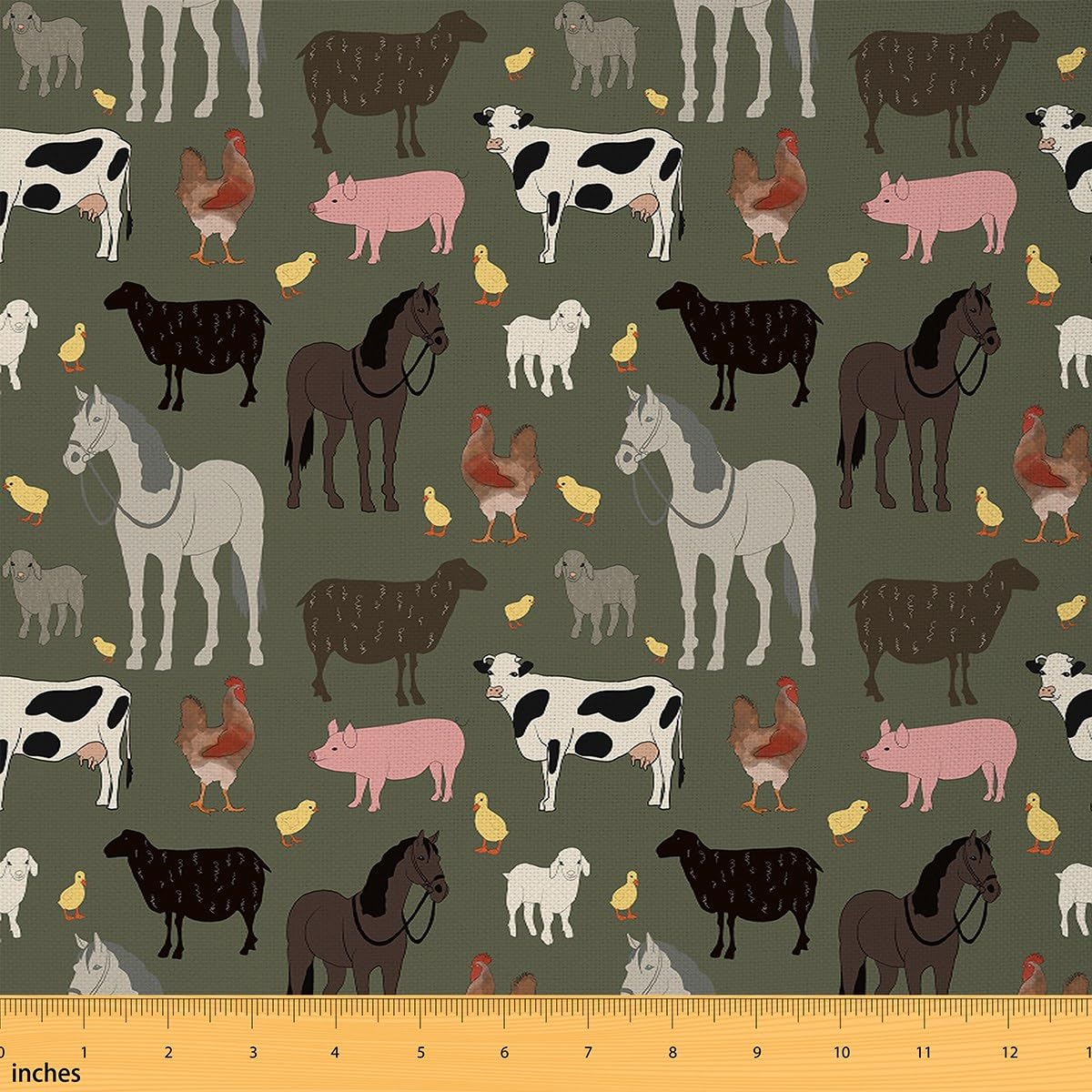 Retro Farmhouse Decor Fabric by The Yard,Watercolor Pigs Cows Horses Upholstery Fabric for DIY,Rustic Style Countryside Animals Decorative Fabric,Rural Landscape Sewing Supplies,1 Yard