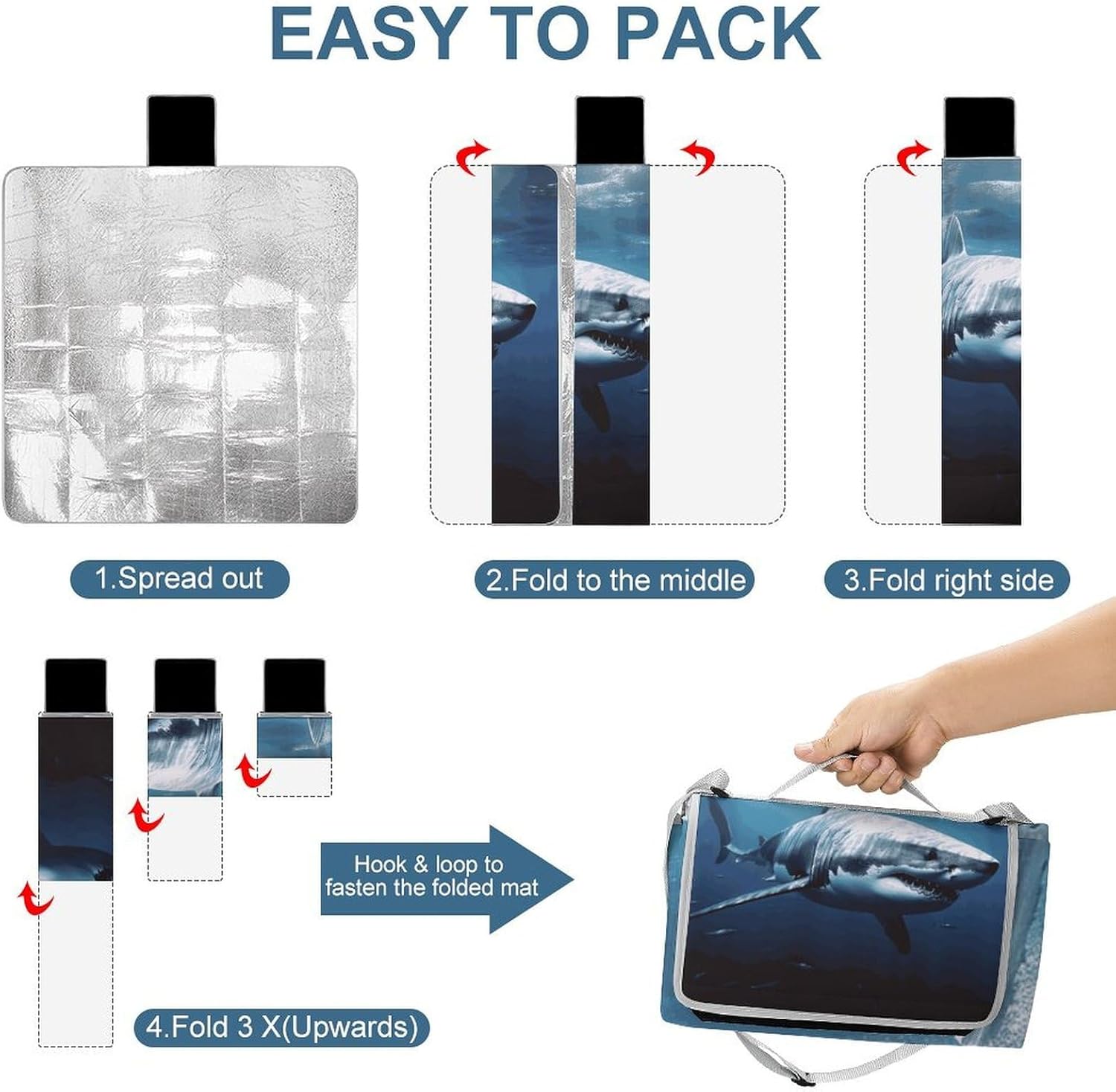 Great White Shark Beach Blanket Thickened Foldable Camping Mats Soft Lightweight Beach Pad Square Picnic Blankets with Shoulder Strap for Park Grass Patio Hiking