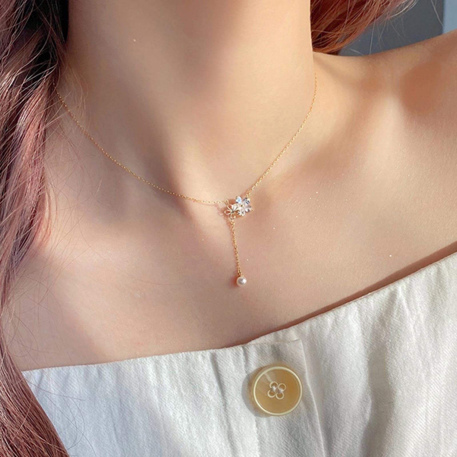 WZGWDC Collar con Colgante, Boutique Exquisita 925 circón Perla Flor Borla Femenina Dulce /