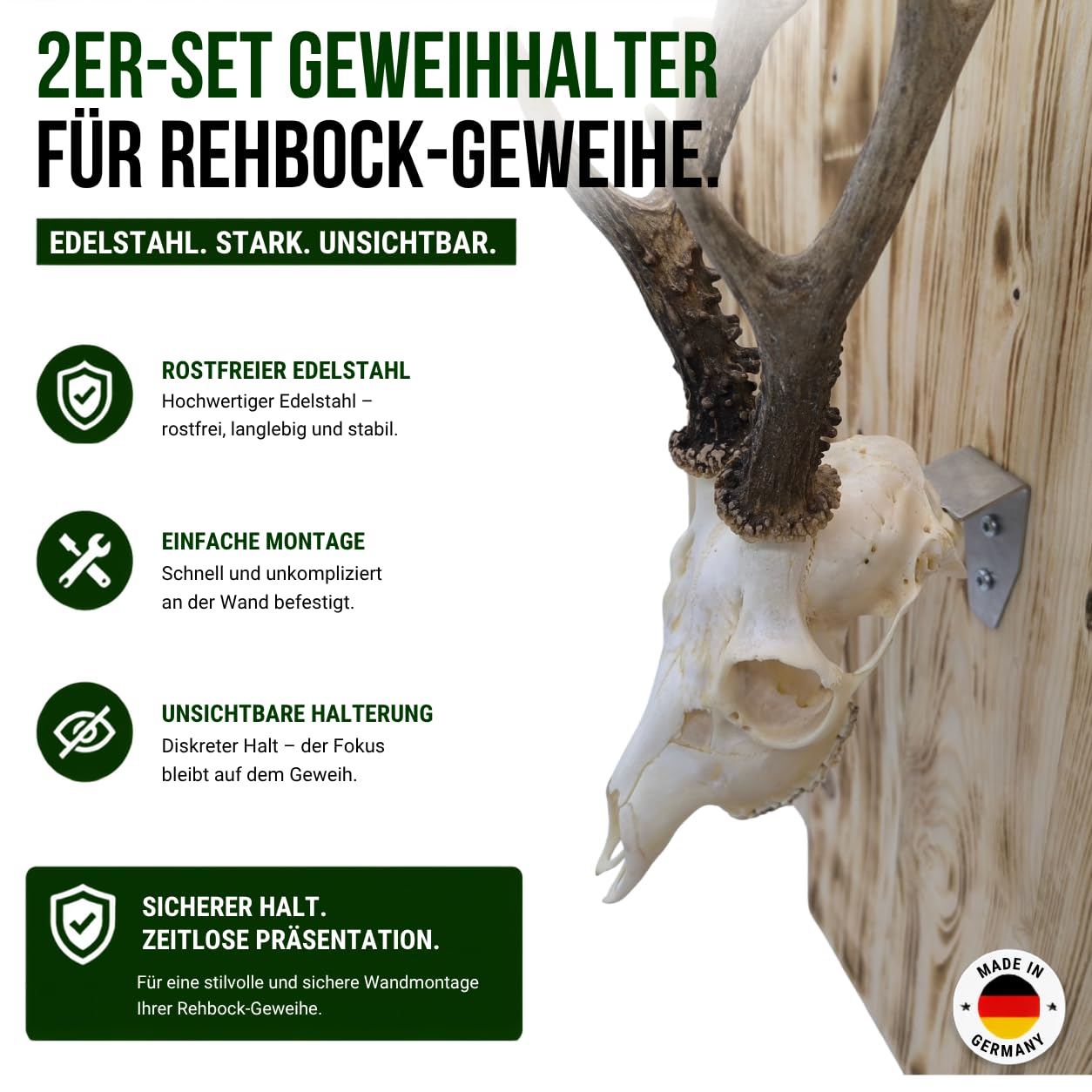 Trophäenhalter Edelstahl 2er Set – Geweihhalter & Schädelhalter für Rehbock Trophäen – Robuste Jagdtrophäen Wandhalterung, rostfrei, minimalistisch