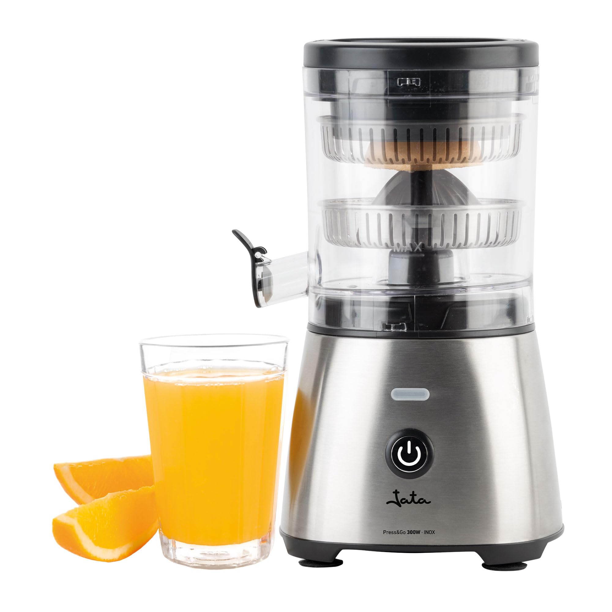 JATA JEEX1616 - Spremiagrumi elettrico automatico 300 W | Corpo e filtro in acciaio inossidabile | Sistema antigoccia | Adatto a tutti i tipi di frutta | Pezzi staccabili. Base antiscivolo