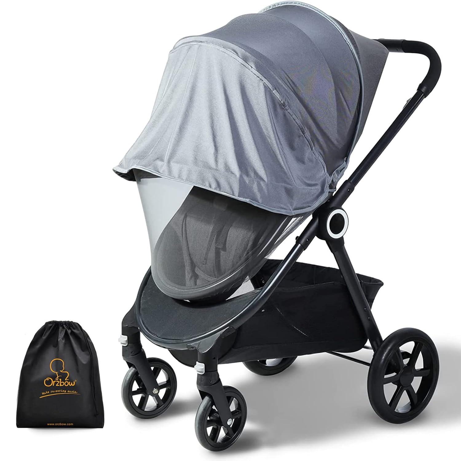 Orzbow Baby Mosquito Net with Sun Shade UPF50+ for Stroller, Universal Stroller Mosquito Netting Privacy Cover with Two-Way Zipper and Storage Bag for Car Seats, Bassinets, Cradles, Mini Cribs, Grey