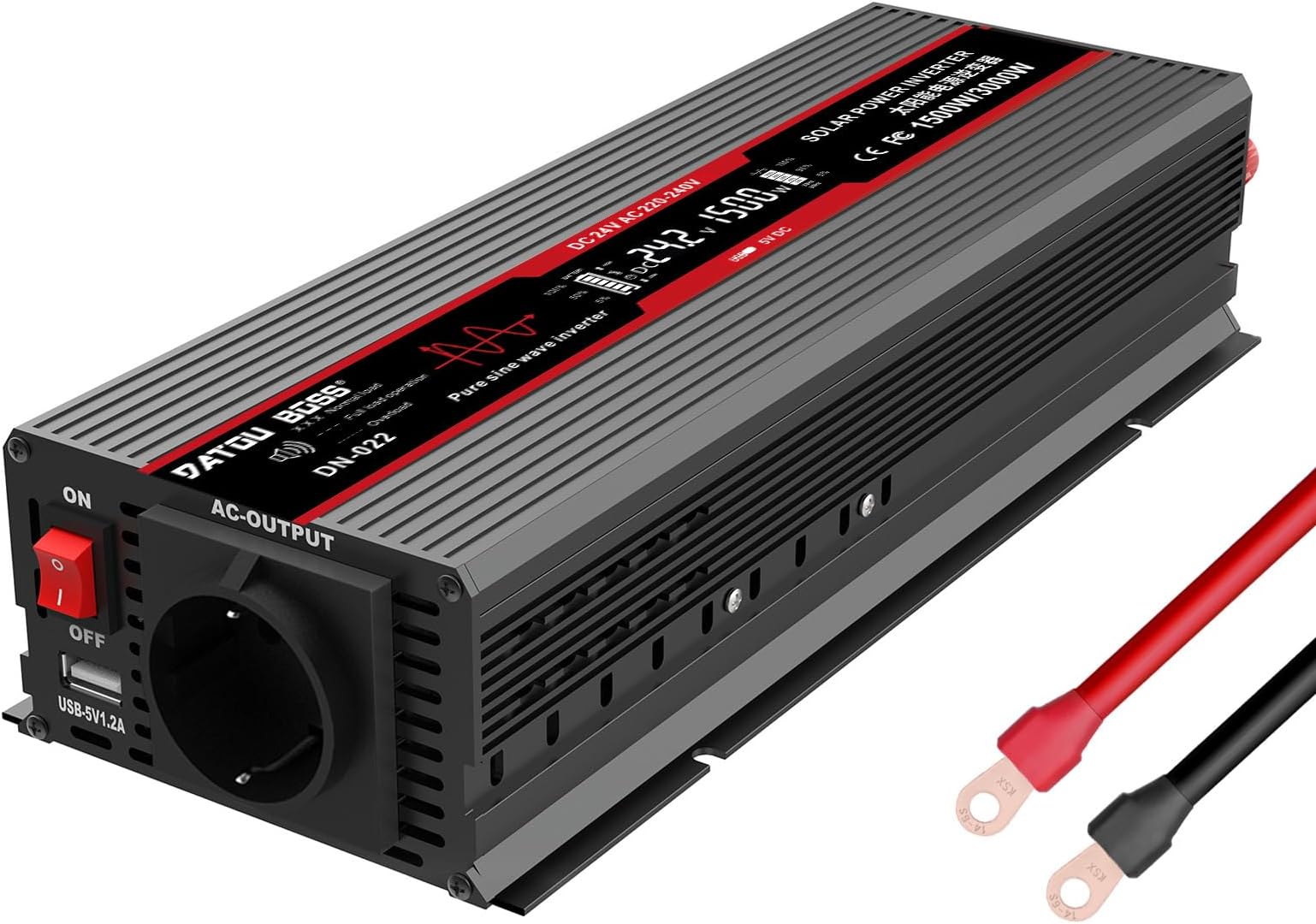 DATOUBOSSPower Inverter, 24 V to 230 V, Pure Sine Wave 1500 W/3000 W, Voltage Converter with LCD Display, USB Ports and EU Sockets for Homes, Caravans, Solar Systems