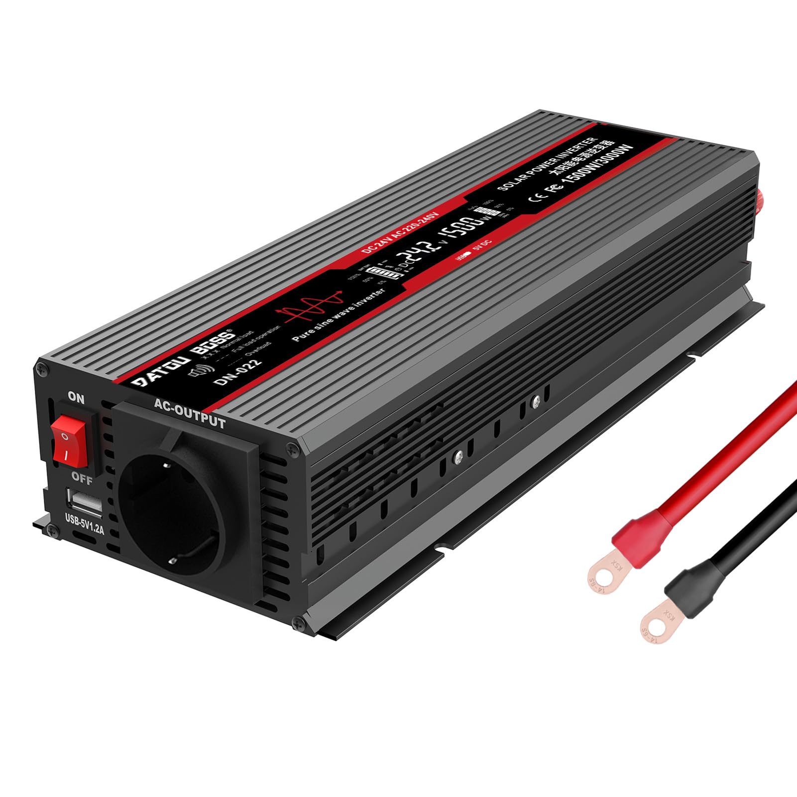 DATOUBOSSPower Inverter, 24 V to 230 V, Pure Sine Wave 1500 W/3000 W, Voltage Converter with LCD Display, USB Ports and EU Sockets for Homes, Caravans, Solar Systems