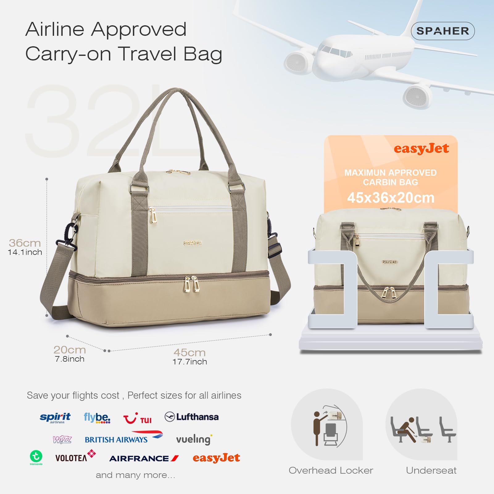 SPAHER Bolsa de Viaje 45x36x20 EasyJet Equipaje de Mano Bolsa de Deporte Mujer con Compartimento de Zapatos Bolsa de Gimnasio Grande Impermeable Bolsas de Fin Semana Mujer Gym Bag Cabin Duffle Bag