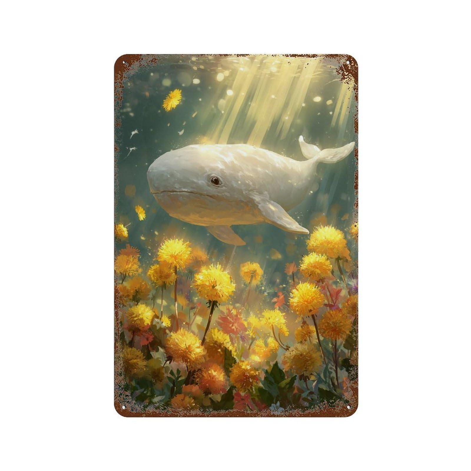 Whale in Dandelion Field Vintage Wall Sign 11.8"x7.9", Rust Effect Metal Decor for Garage, Bar And Workshop Decor