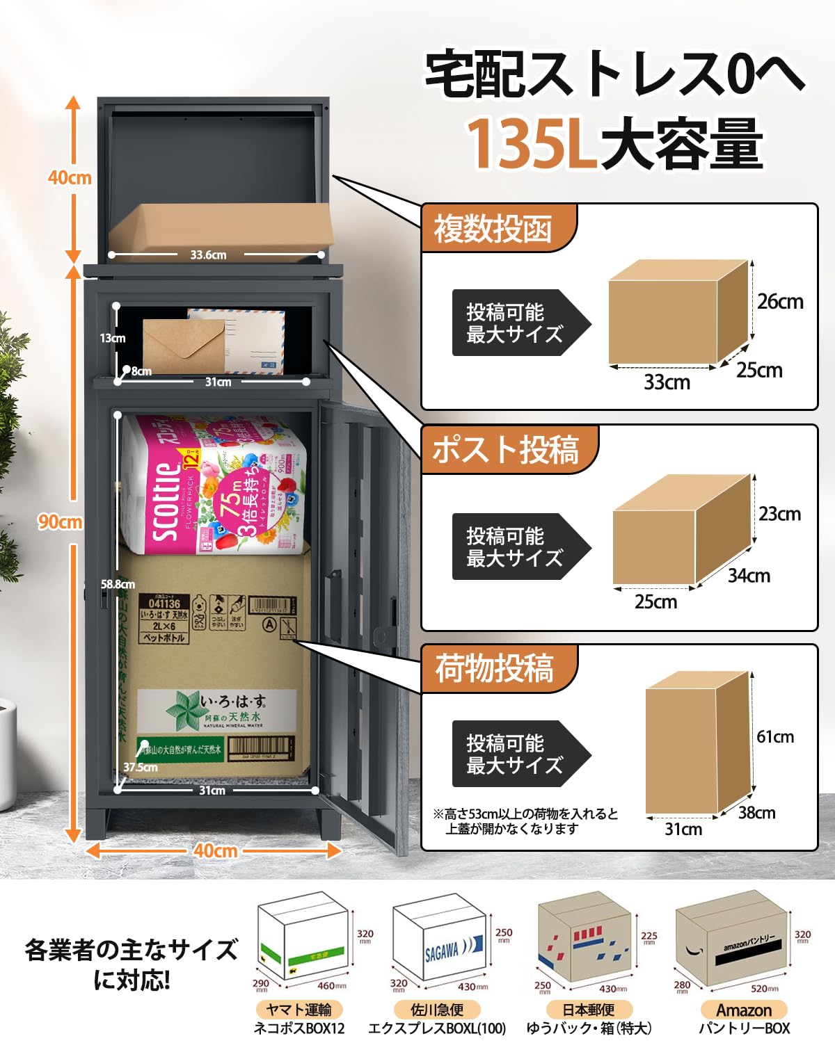 Amazon.co.jp: 【複数投函/ポスト一体型/135L大容量 】宅配ボックス 