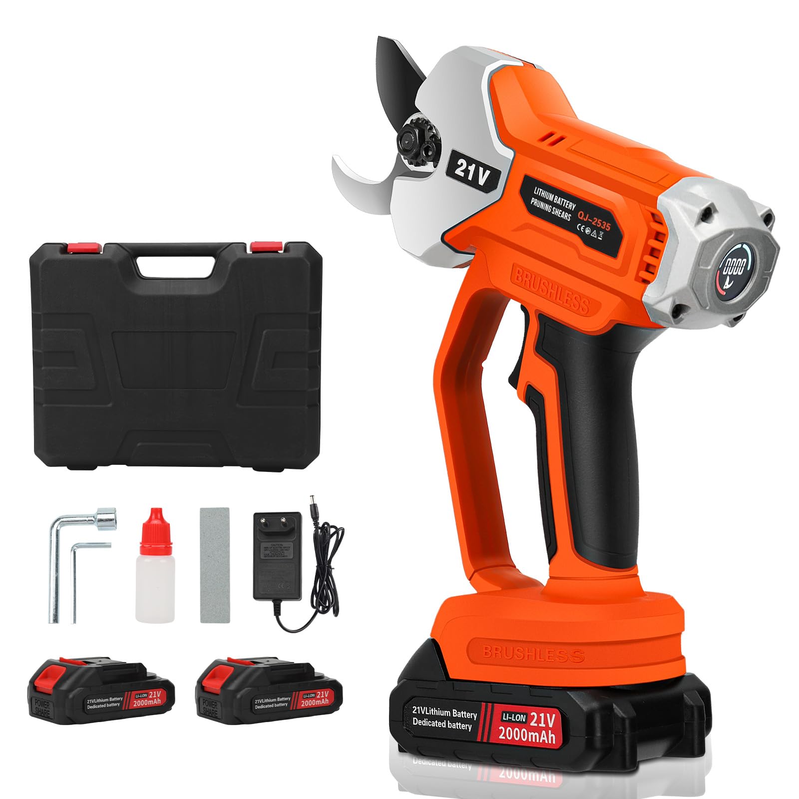 Tijeras de podar con batería con 2 baterías de 2,0 Ah, 21 V, profesional, sin escobillas, sierra de podar con 35 mm de diámetro de corte y pantalla LCD, para podar eficientemente