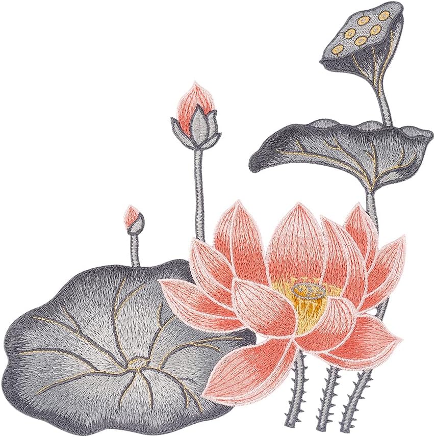 1Pc Computerized Embroidery Cloth Sew on Appliques, Polyester Fabrics Pink Lotus Flower and Dark Gray Lotus Pod Pattern Patch, Costume Accessories for Sweatshirt T Shirt Jeans, 9.45x9.45x0.04inch