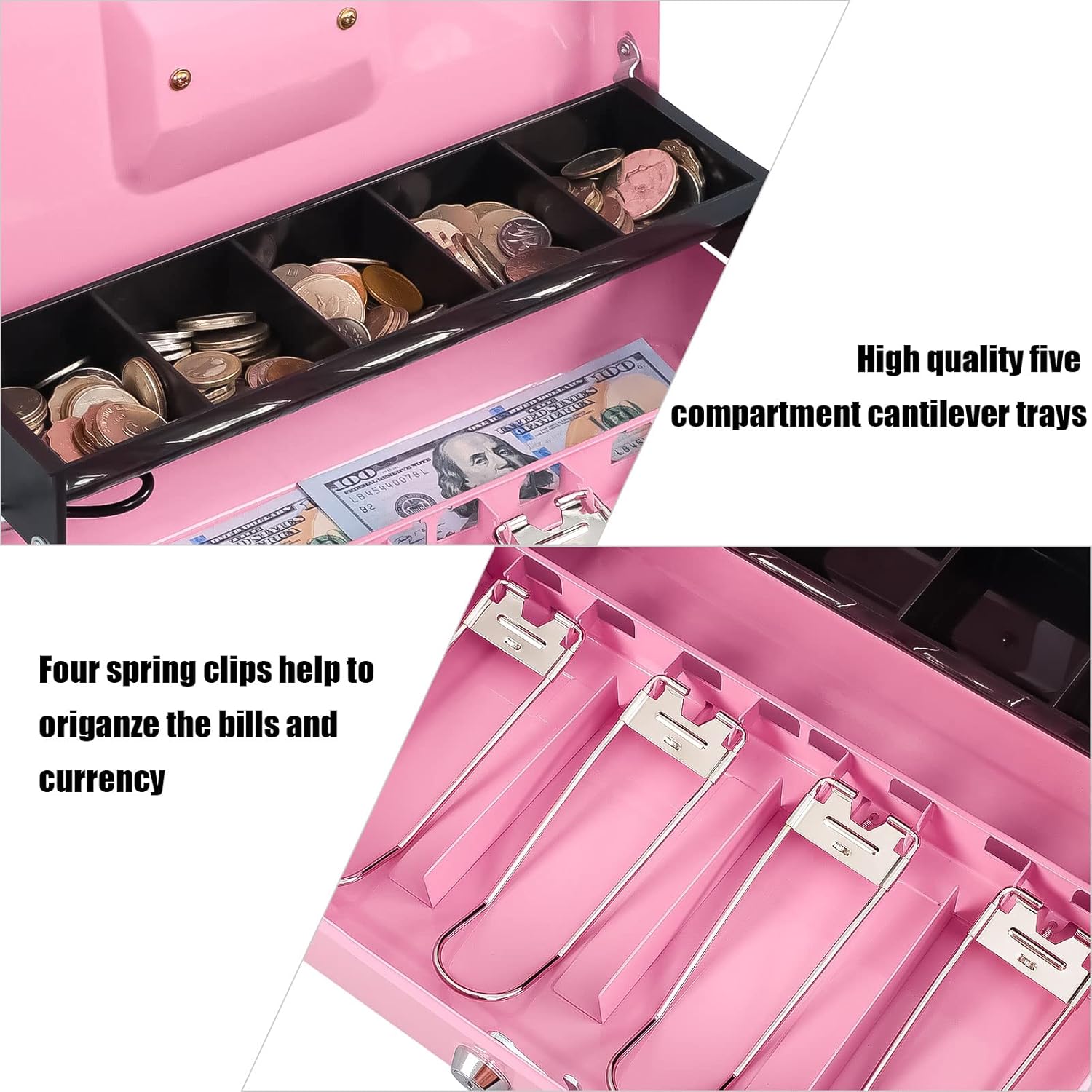 KYODOLED Cash Box with Money Tray, Money Key Lock Safe with Security Cable and Waterproof Bag, 11.81L9.45W3.54H inch, Pink X Large : Office Products