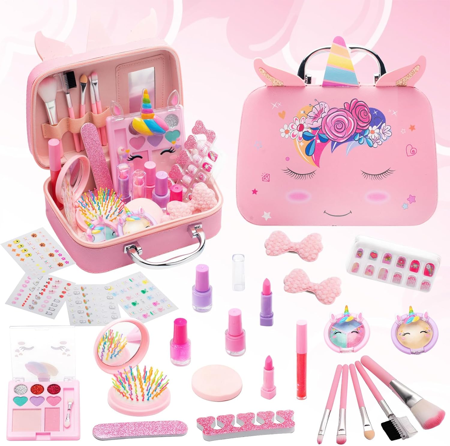 Kids Makeup Kit for Girls, Real Washable Makeup Toys with Cosmetic Case, Play Makeup Toys Birthday Gifts for 3-12 Year Old Girls, Pink