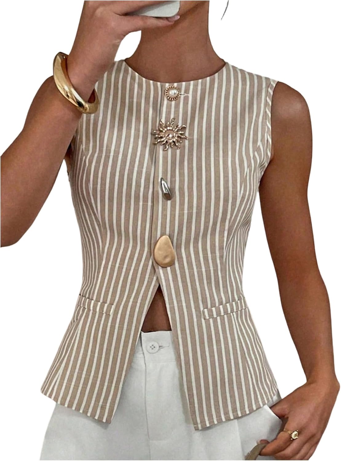 SHENHE Women's Striped Button Down Tank Top Sleeveless Dressy Vest Business Casual Top