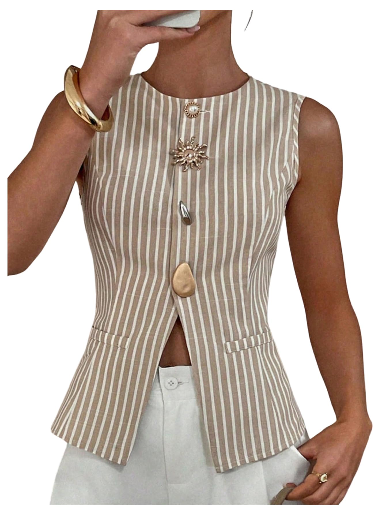 SHENHE Womens Striped Button Down Tank Top Sleeveless Dressy Vest Business Casual Top