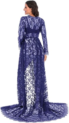 Miniatura 4 de ZIUMUDY Vestido largo de encaje transparente con cuello en V profundo y abertura frontal para fotografía con manga larga