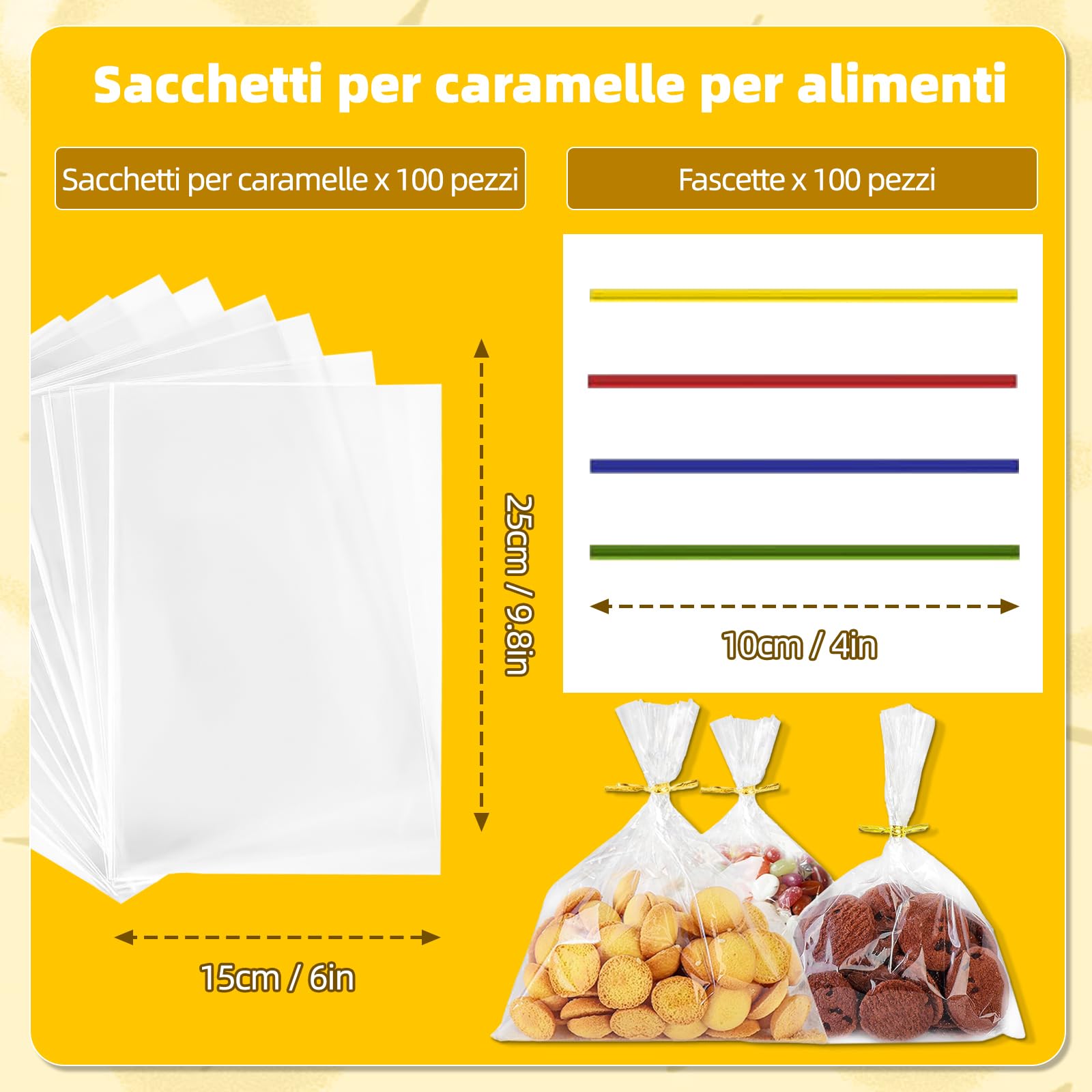 100 Pezzi Sacchetti Trasparenti per Confezioni 25x15cm, Bustine Cellophane per Pane Fresco Caramelle, Biscotti, Frutta, Gioielli con 100 Bande Metalliche per Feste Matrimonio Compleanno Bambini Regalo