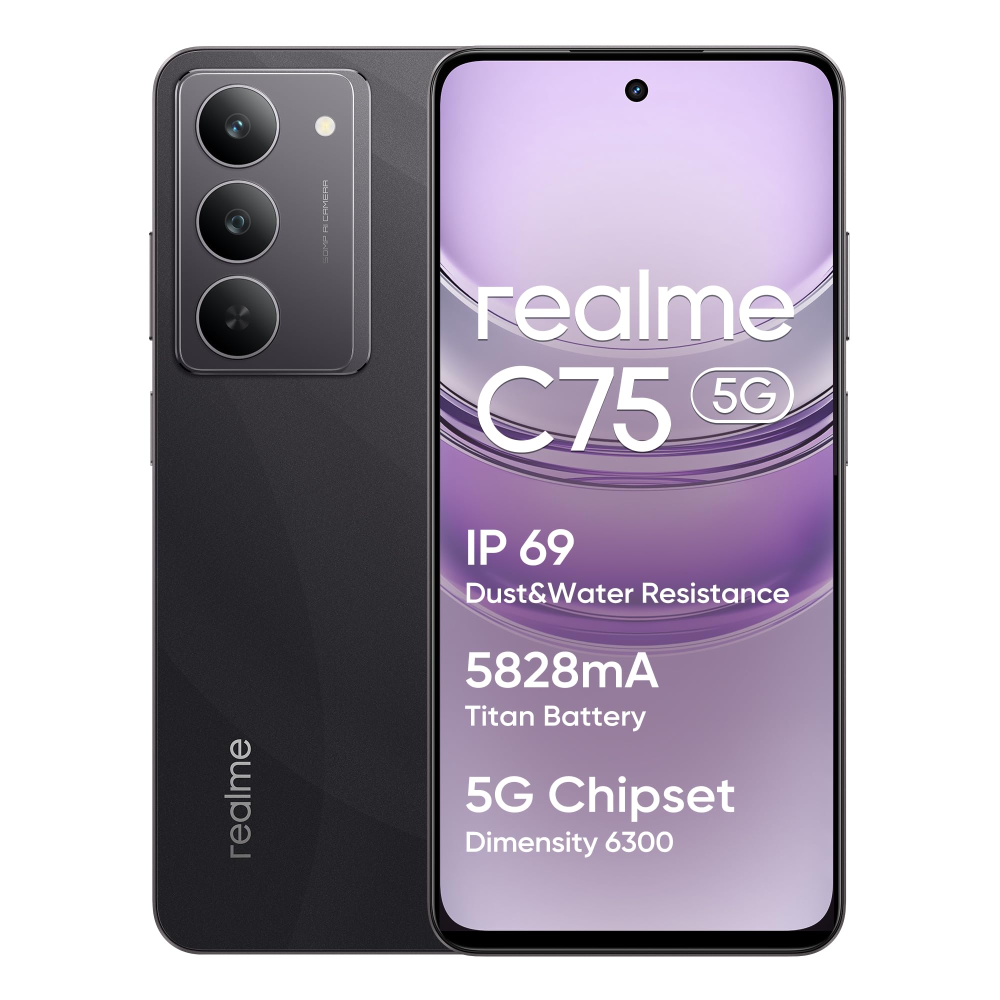 Smartphone realme C75 5G - 8 Go RAM, 256 Go, Batterie 5828 mAh, Noir