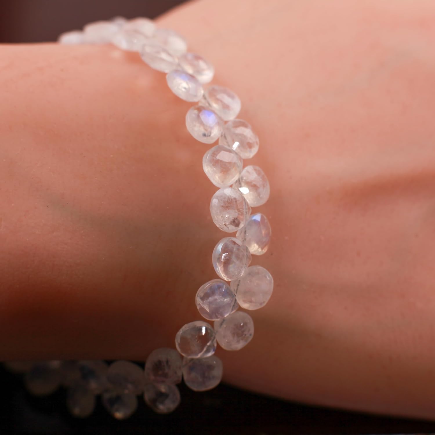 Oppy's Natural Rainbow Moonstone Heart Shape Diamond cut Faceted Drop Gemstone 925 Sterling Silver Bracelet. AAA Quality Handmade Gift