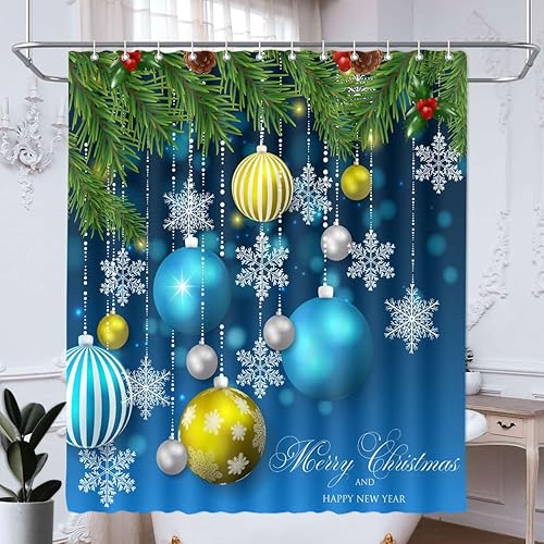 Miniatura 4 de Cortina de ducha de Navidad, bolas de Navidad y copos de nieve para colgar en ramas de pino de Navidad, cortinas de baño de tela azul y verde,