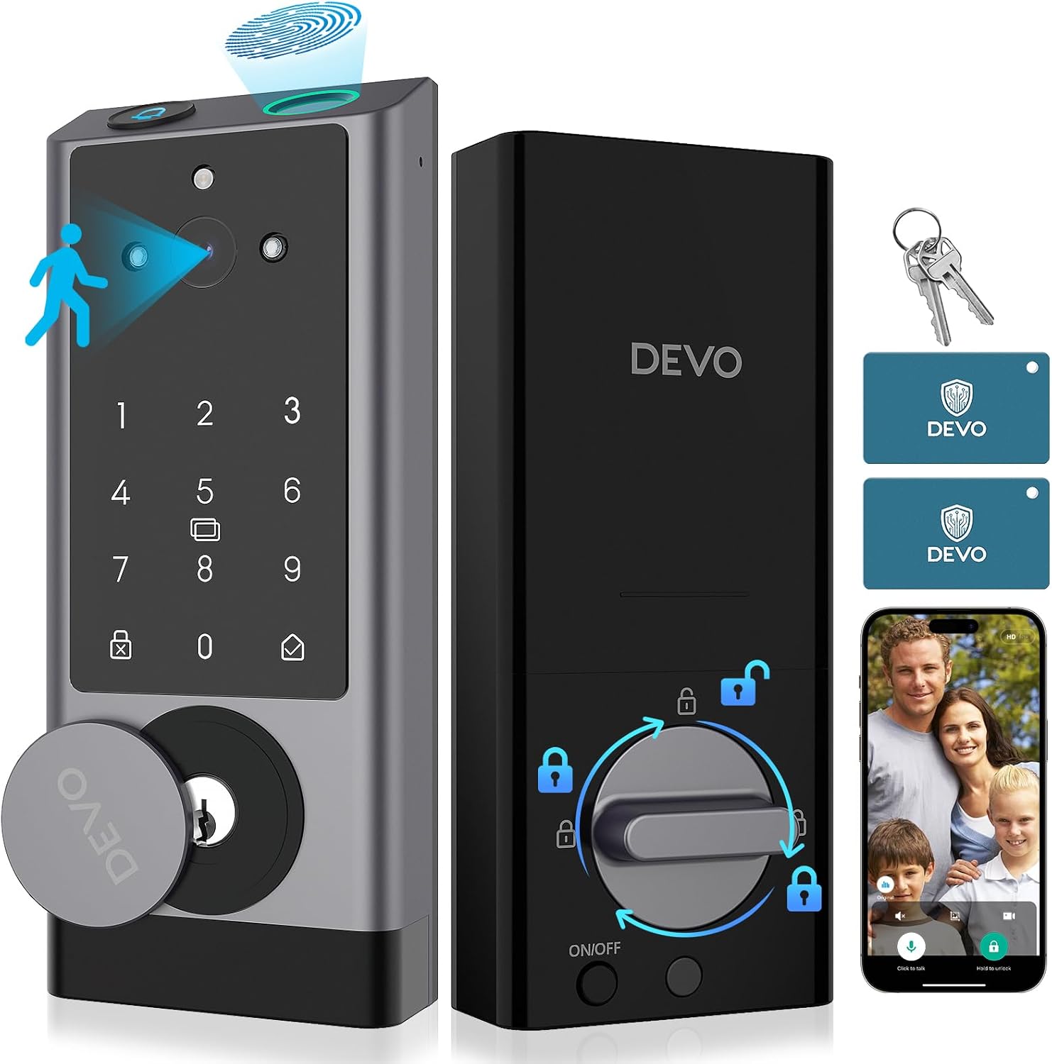DEVO G1 Video Smart Lock with Camera & Doorbell, 6-in-1 Keyless Entry Door Lock with Fingerprint, App Remote, Auto Locks, Built-in Wi-Fi Smart Deadbolt for Front Door(Gray)
