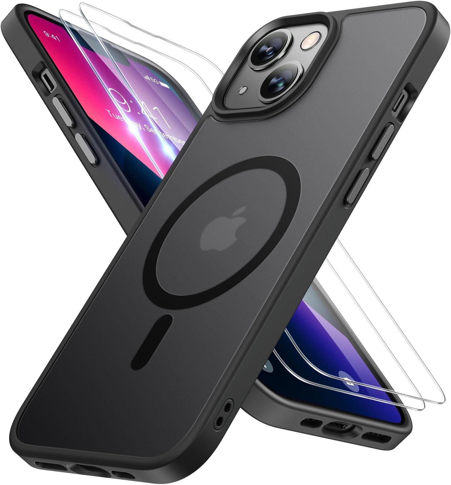 Miracase for iPhone 13 Case for MagSafe [with 2X Screen Protectors] [TOP Military-Grade Protection] Anti-Fingerprint, Translucent Matte Shockproof Slim Phone Case for iPhone 13 6.1" - Black