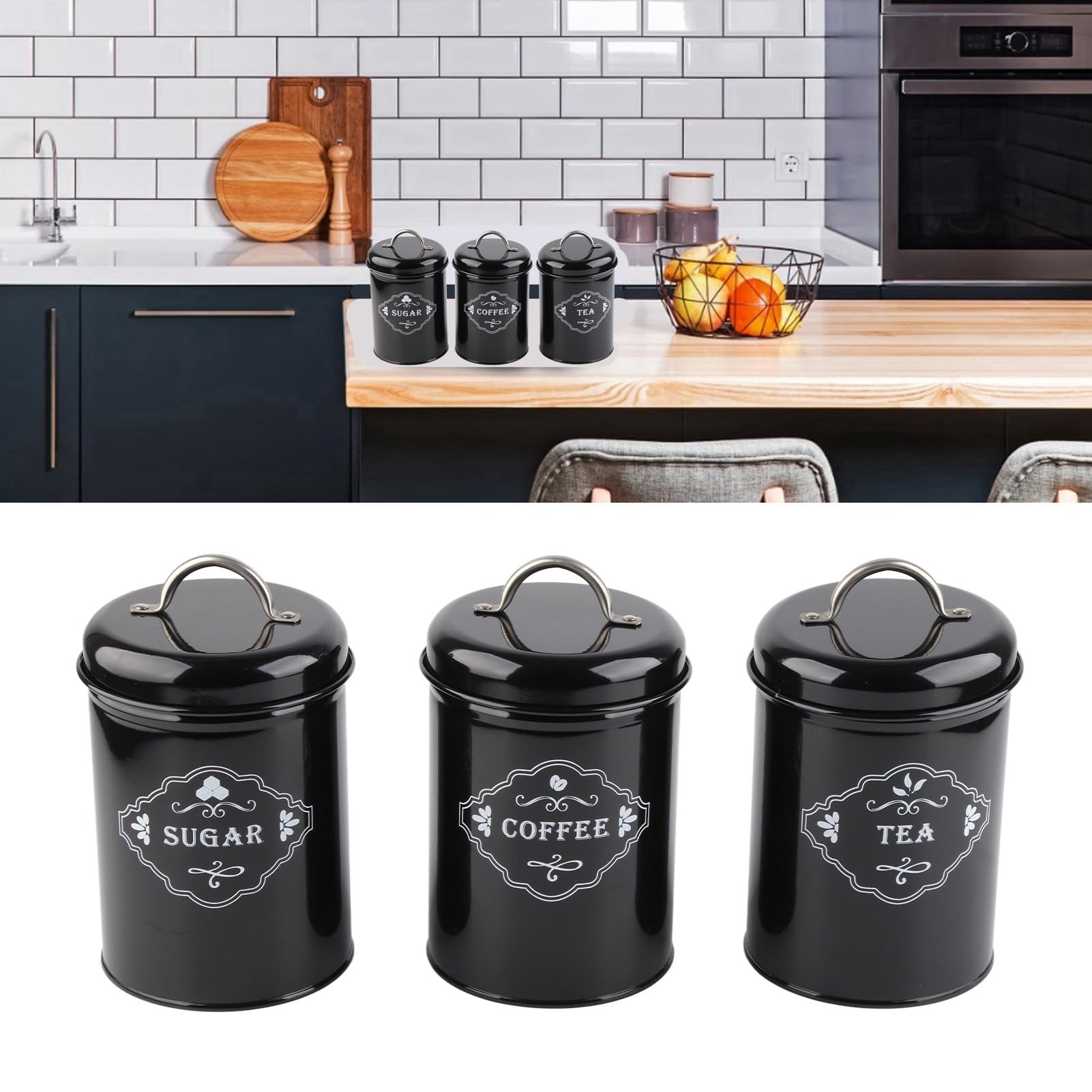 Kaffee- und Zuckerbehälter, 3-teiliges schwarzes versiegeltes -Set, Aufbewahrungsorganisator for Zuhause, Küche, versiegelte Dosen, Box, Backzubehör/135