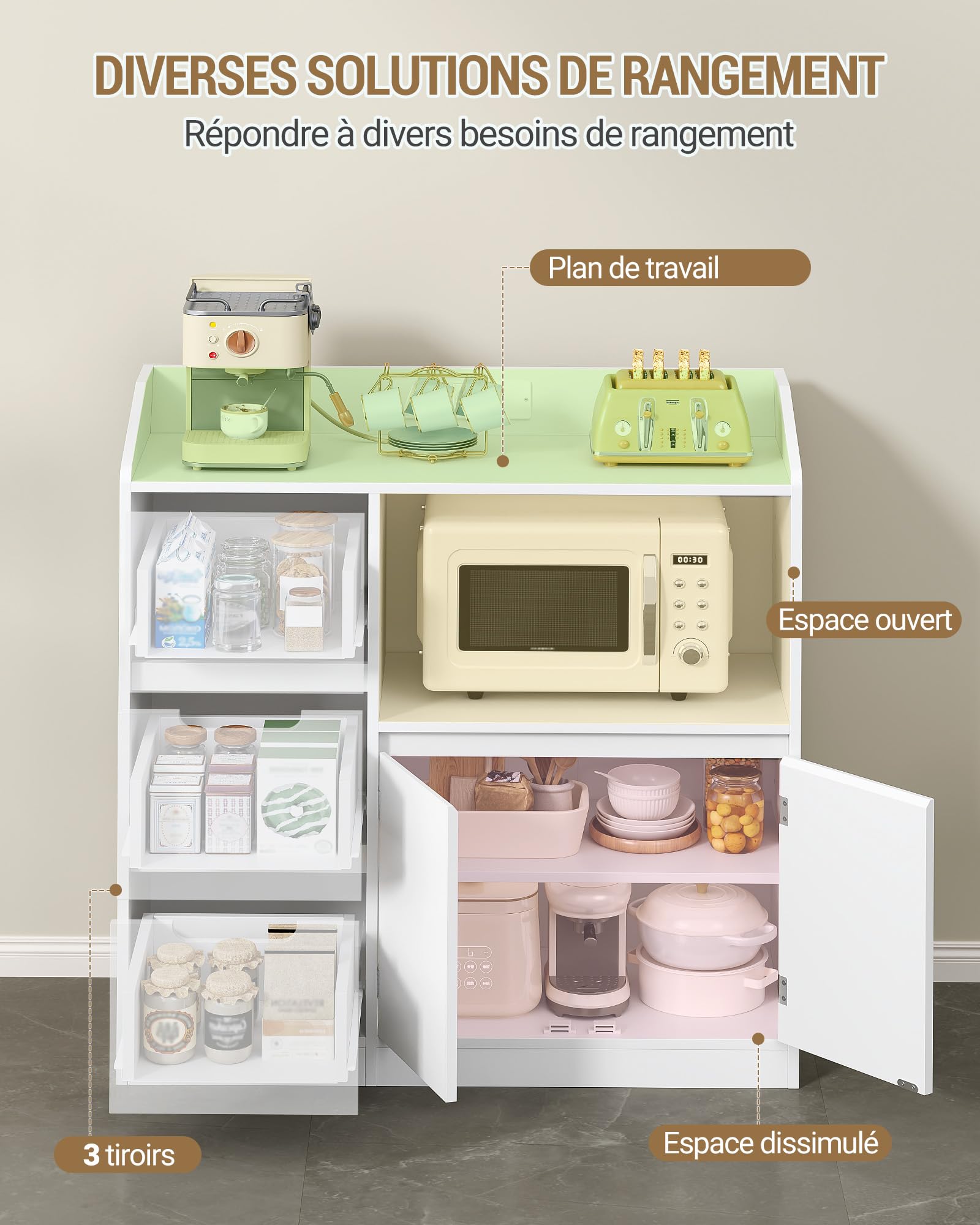 Hzuaneri Meuble Cuisine, Buffet avec Plan, Travail Étagère pour Micro-Ondes, Prise, 3 Tiroirs et 2 Portes, Étagère Réglable, Moderne, Cuisine, Blanc, 38 X 90 X 95 cm, SC31003XEU