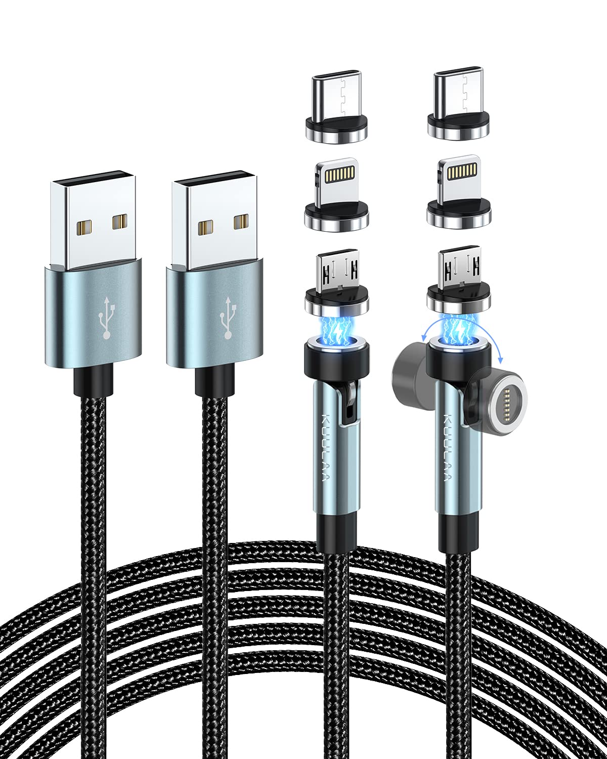 Kuulaa Cavo di Ricarica Magnetico 3 in 1, Cavo Magnetico USB [2M+2M], Cavo Magnetico Rotante di 360° e 180°, ricarica rapida 3A e trasferimento dati per Micro USB/Tipo C/iProducts