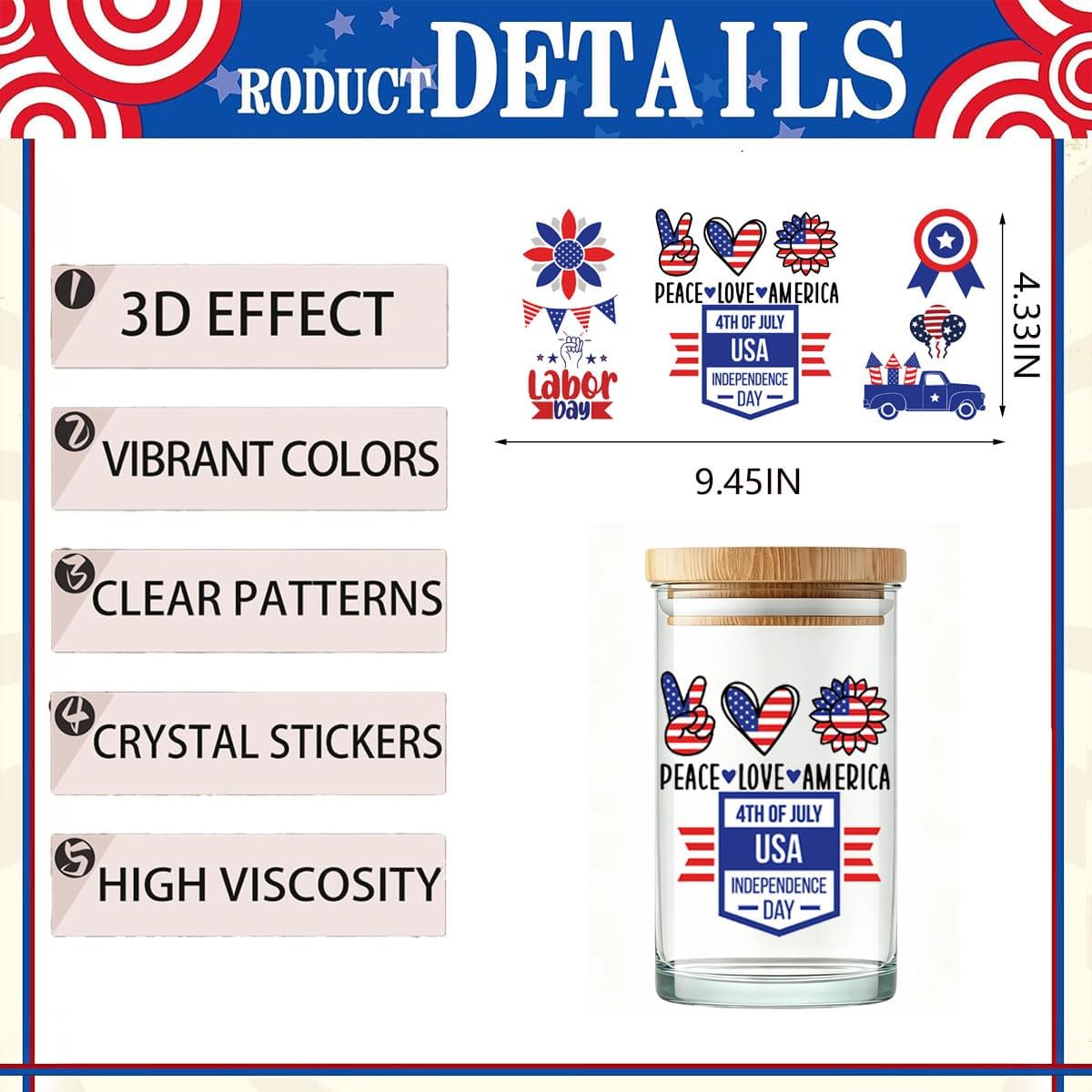 4th of July UV DTF Cup Wrap Sticker- 5 Sheet Patriotic Theme UV DTF Cup Wrap for 16oz Patriotic USA Flag Women Pattern Print DTF Transfer Film Decal for Independence Day Glass Cups DIY Wood Crafts