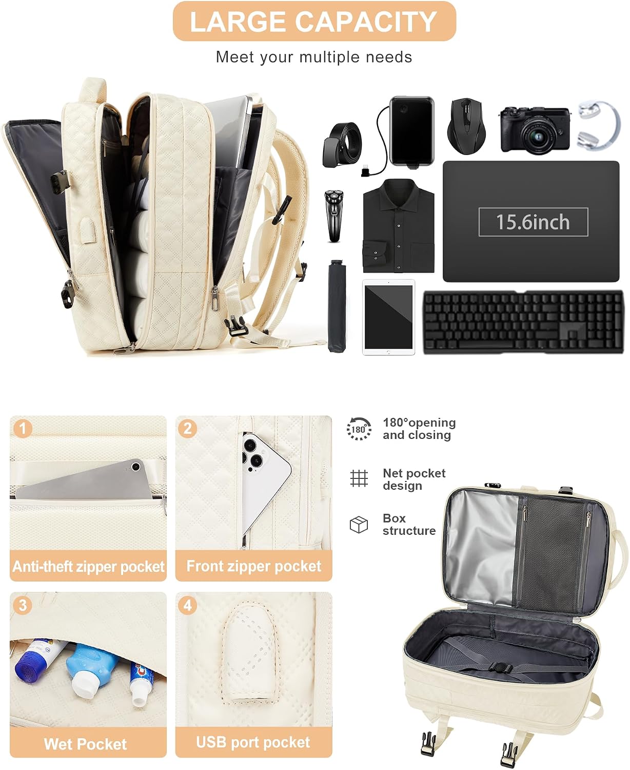 Mochila de viagem grande para mulheres e homens, aprovada como bagagem de mão para avião, tamanho de item pessoal, mochila de trabalho e viagem com compartimento para sapatos, bege Mochila de viagem grande para mulheres e homens, aprovada como bagagem de mão para avião, tamanho de item pessoal, mochila de trabalho e viagem com compartimento para sapatos, bege