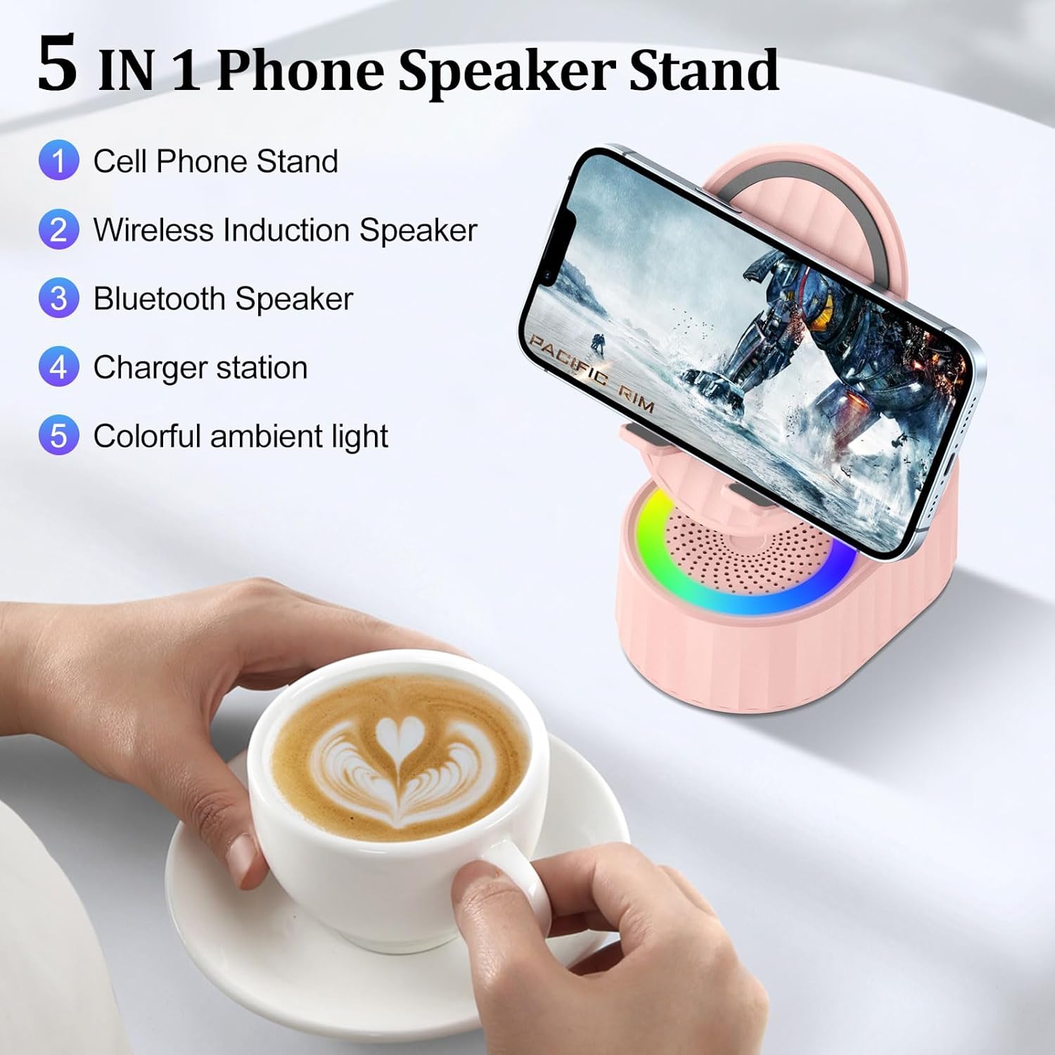 Wireless Induction Audio Bluetooth Speaker 5in1 Phone Holder Emergency Rechargeable (3000mAh) with Colorful Ambient Light 300° Foldable for Tablet iPhone Android, Womens Birthday Gifts(Pink) - Image 2