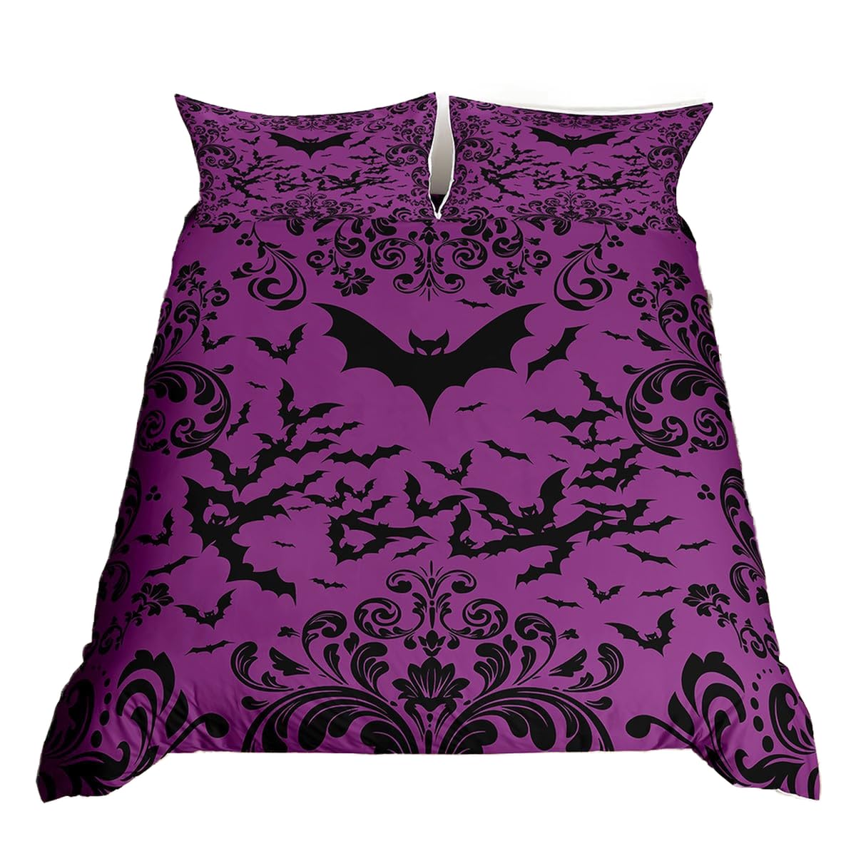 Homewish Halloween Bat King Bedding Sets for Girls Women,Purple Black Bats Duvet Cover Gothic Damask Flowers Comforter Cover Goth Floral Animal Bed Set Halloween Room Decor Zipper 3 Pcs