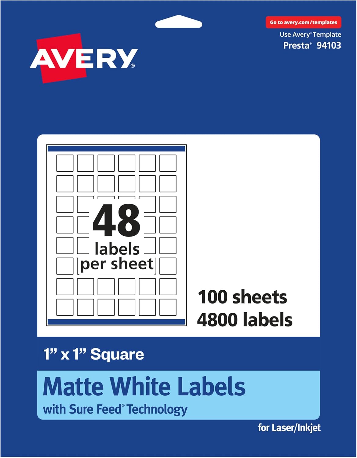 Avery Matte White Square Labels, Sure Feed Technology, 1" x 1", 4,800 Matte White Printable Labels