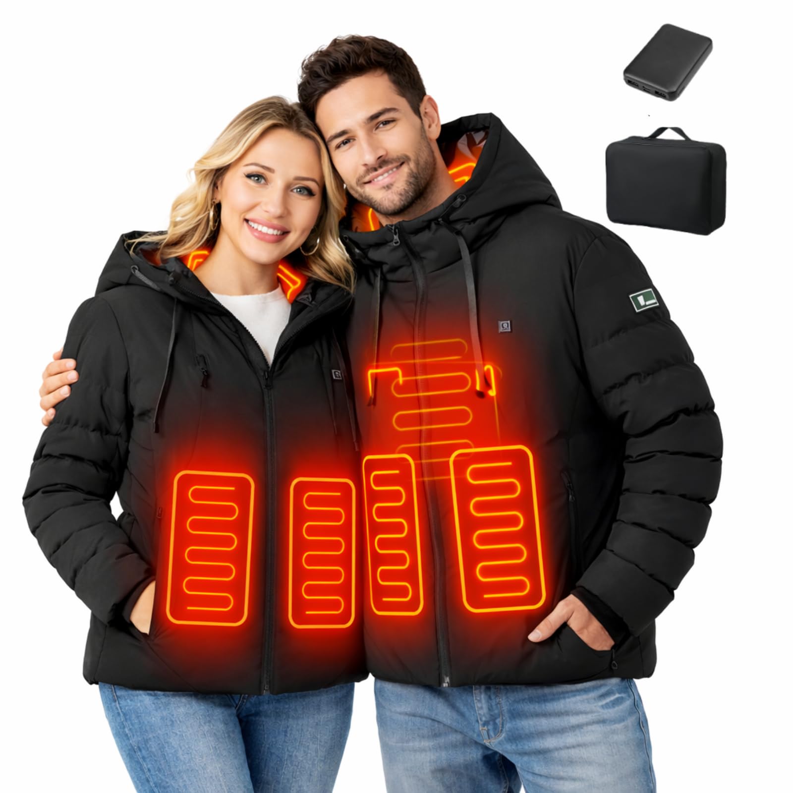 Chaqueta Calefactable Capucha con Batería para Hombre y Mujer, 4 Zonas de Calefacción, 3 Niveles de Temperatura, Impermeable, Abrigo Térmico para Esquí, Senderismo, Trabajo