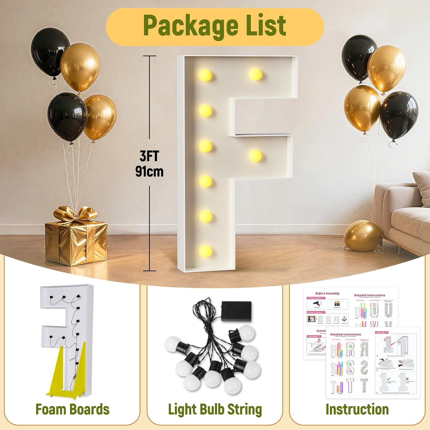 Mixifox 3FT Marquee Letters F, Large Light Up Letters 3 Feet Tall with Lights, Big Letter for Wedding, Engagement, Graduation, Birthday Party Decorations, Pre-Cut Foam Board Kit