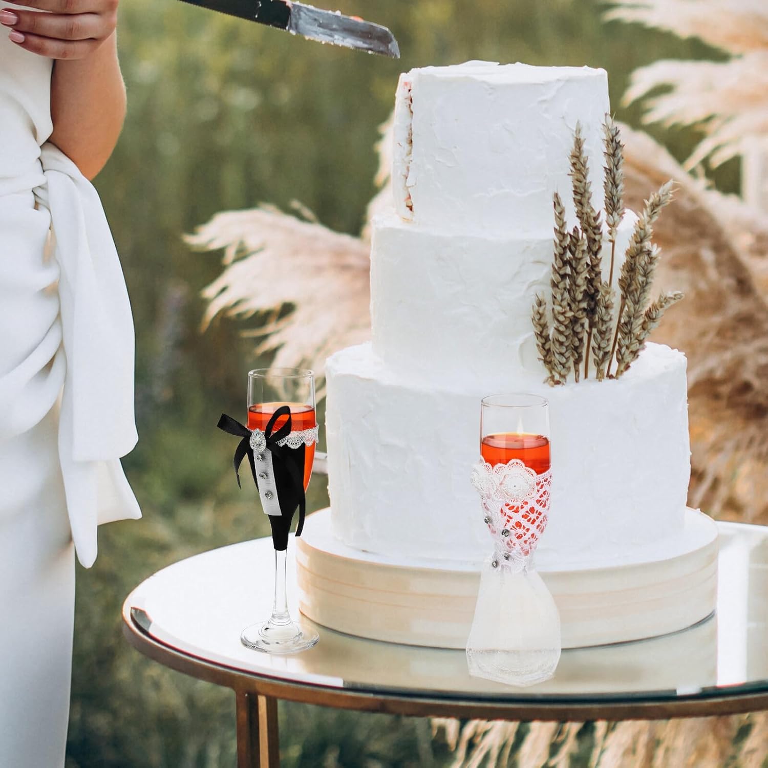 Wedding Toasting Flutes for Bride and Groom Set, Tall Black and White Goblet Glasses for Engagement and Bridal Shower, Decorative Marriage Wine Cups with Bottle Covers