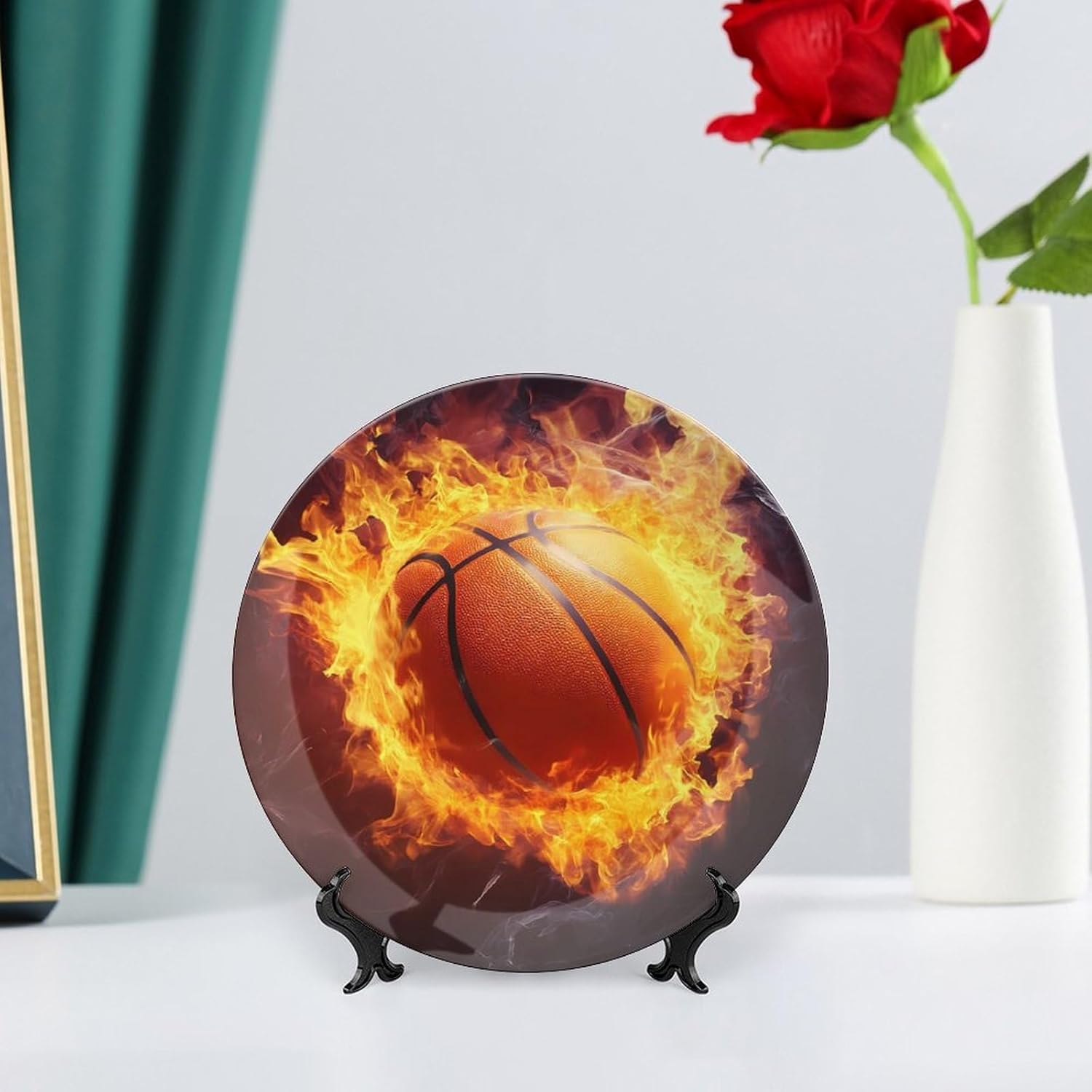 Fire Basketball Bone China Decorative Plate with Stand Home Dessert Plates Gift for Men Women 7inch