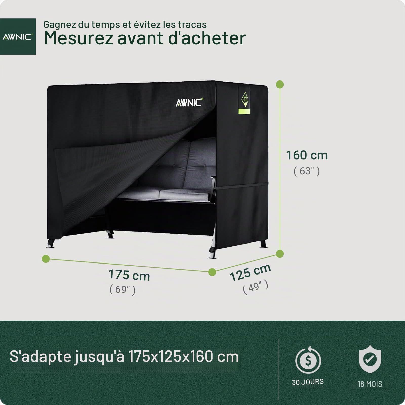 Awnic Housse de protection pour balancelle 2 places - Imperméable - Résistant aux intempéries - Avec cordon de serrage - 420D - 175 x 125 x 160 cm