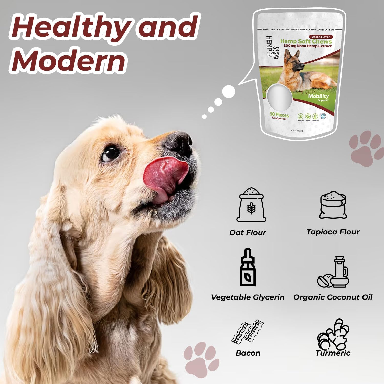 Calming Dog Chews, Hip & Joint Chews for Dogs, Organic Hemp Protein for Ease Joint Discomfort & Mobility, Glucosamine for Dogs Hip & Joint Chew, Soft Bacon Flavor Chews (Mobility Bacon Flavor)