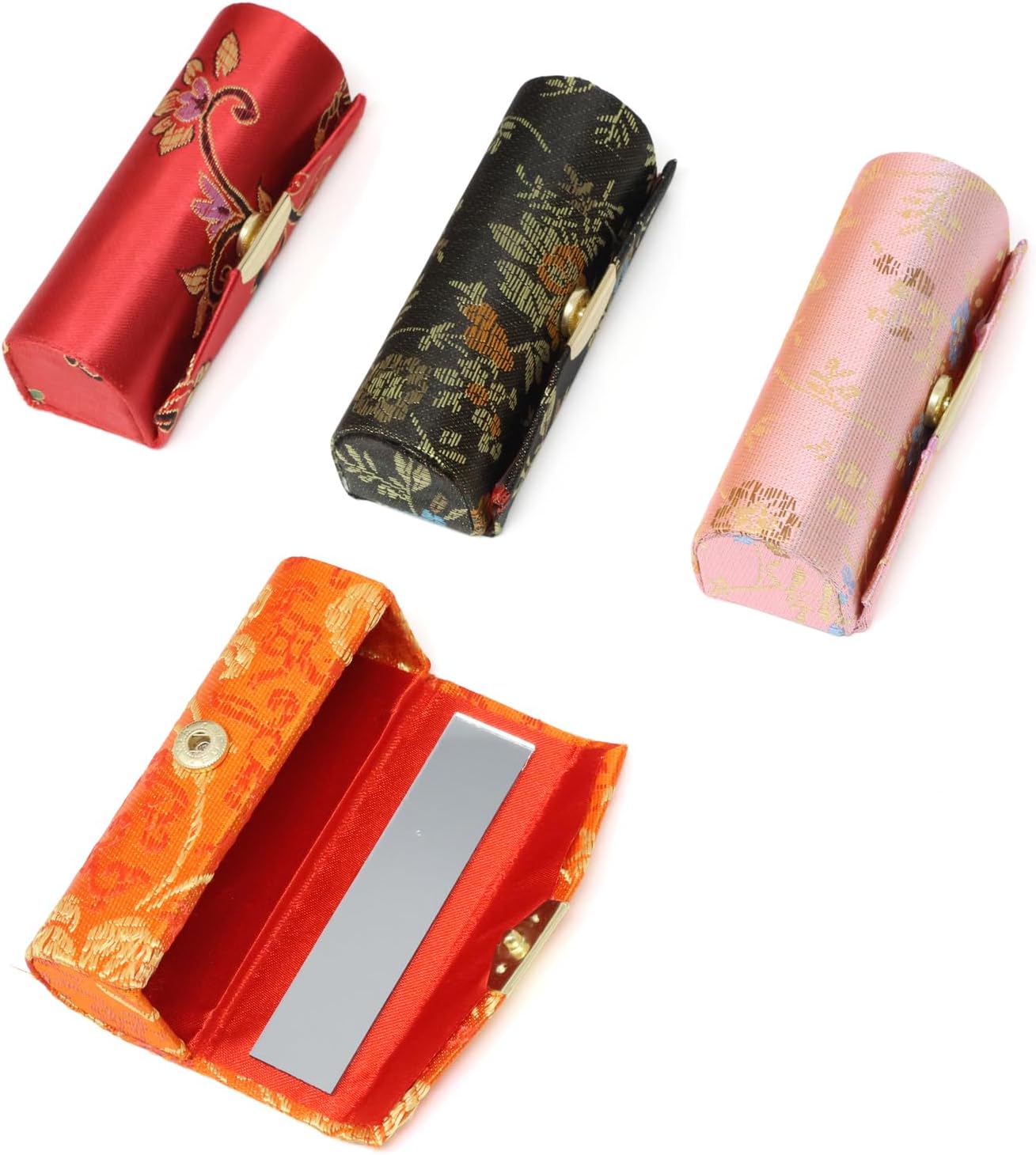 yueton 4 Pack Chinese Style Brocade Lipstick Case Unique Woven Satin Lipstick Holder Lipstick Box with Mirror for Women, Random Colors
