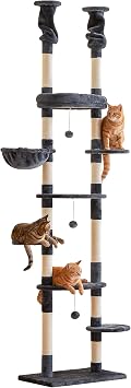 Floor to Ceiling Cat Tree, 7 Tiers Cat Tower, Adjustable 234-258cm with Hammock,Platforms and Sisal-Covered Scratching Posts for Indoor Cats, Smoky Grey