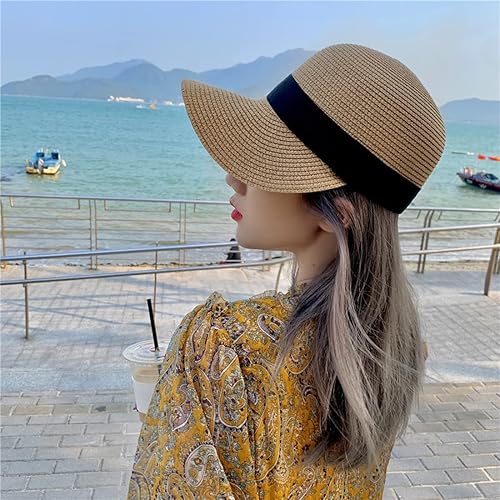 Miniatura 10 de Sombrero de visera de verano para mujer, plegable, flexible, de color sólido, sombrero de paja para el sol, gorra de béisbol de viaje para la playa