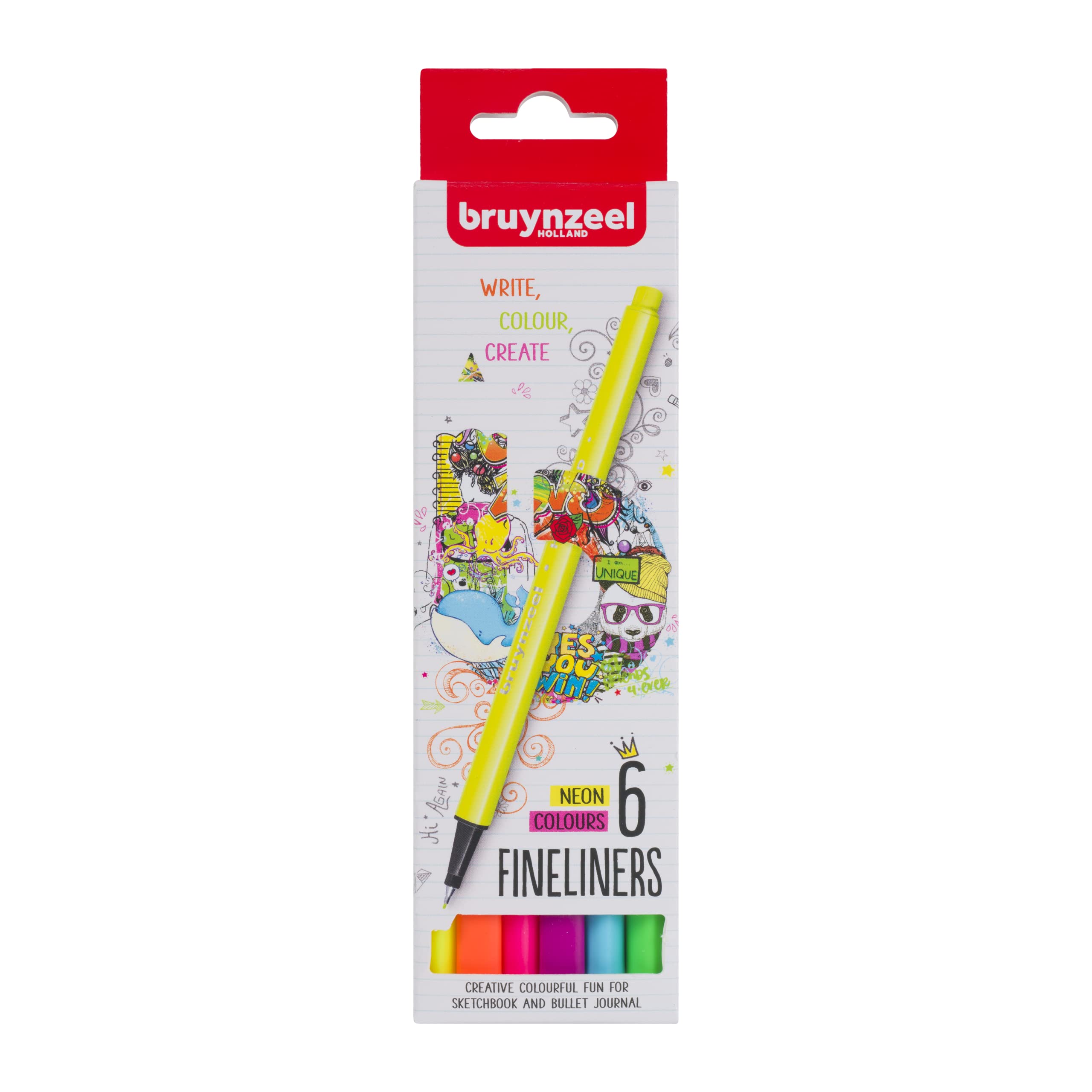 BruynzeelFineliner Brush Pens 6-Piece Set, Neon