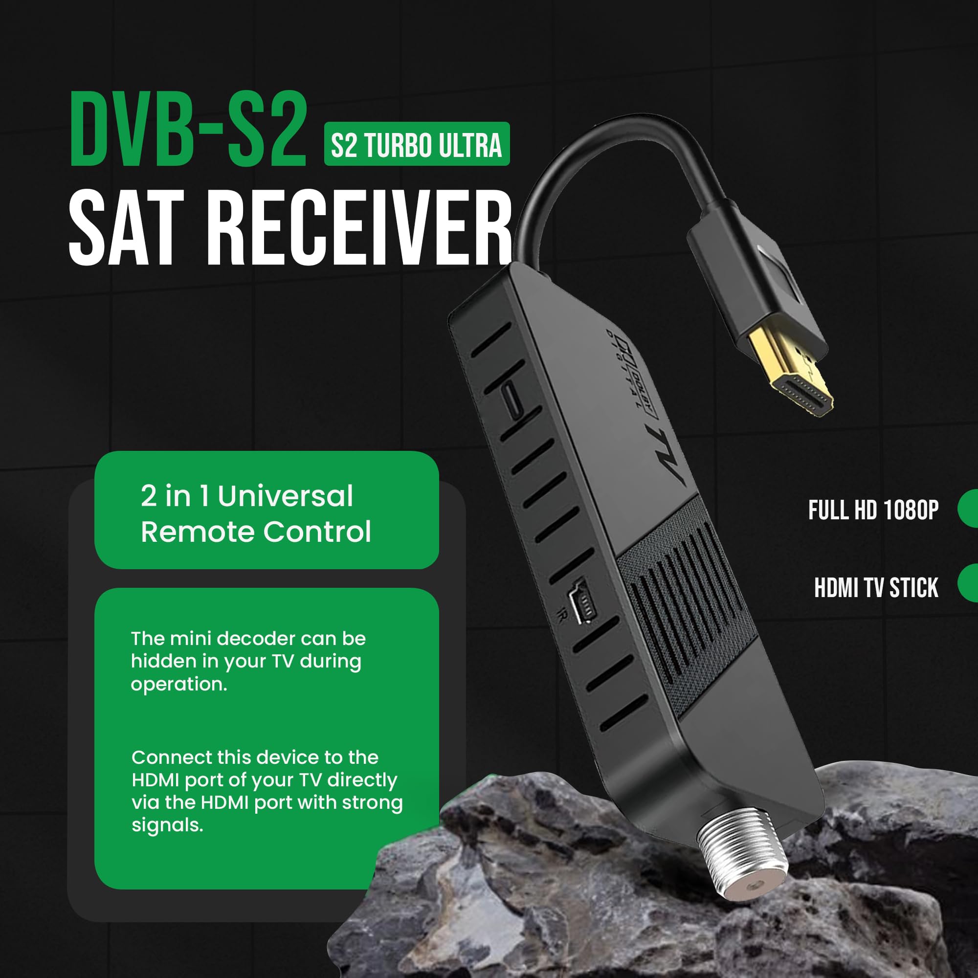 Hd-line DVB-S2 Sat Receiver, Full HD 1080P HDMI TV Stick, Bluetooth-Fernbedienung, Satelliten Receiver, Versteckt hinter TV, Digitalanzeige, H265 HEVC Main 10 Bit, 2in1 Universal Fernbedienung, USB