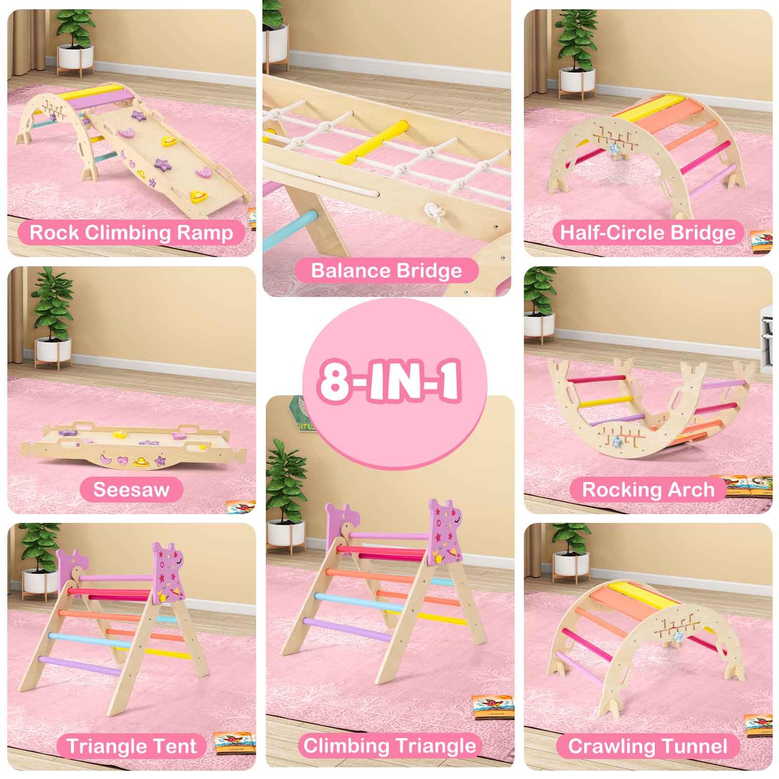 HOMASIS 4 in 1 Kletterdreieck mit Kletternetz, Kletterbogen, Wippe & Leiter, Klettergerüst mit doppelseitige Rampe & Baustein Set, Holz Sprossendreieck für Kinder ab 1 Jahr (Macaron, Einhorn)