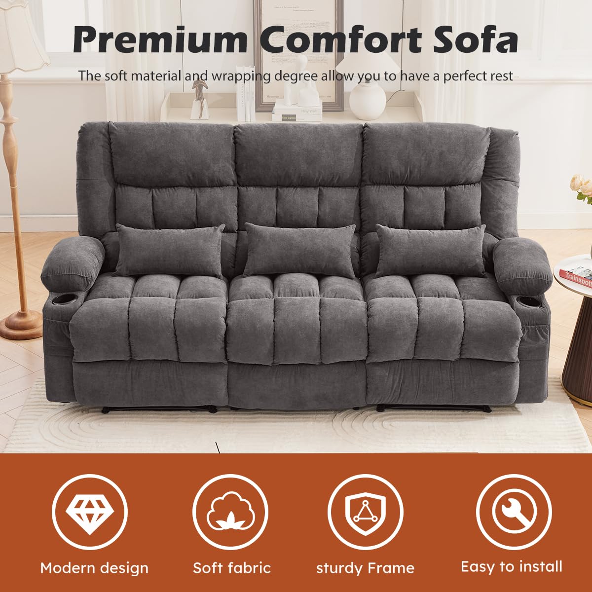 MAHOMICO Recliner Sofa with Cup Holders for Living Room 3 Seat Manual Oversized Recliner Chiar with Ergonomic, Side Pocket for Adult view 4