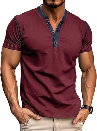 Mens Casual Henley Shirts Classic Button Cotton Short Sleeve T-Shirt Summer Basic Solid Lightweight Tees Tops