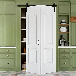 48" x 84" Paintable Bifold Barn Door, No Assembly Required, 2 Panels Bi-Fold Sliding Closet Doors with Hardware Kit Included, 52" Track Kit for 2 Doors, Pre-Drilled Holes, White