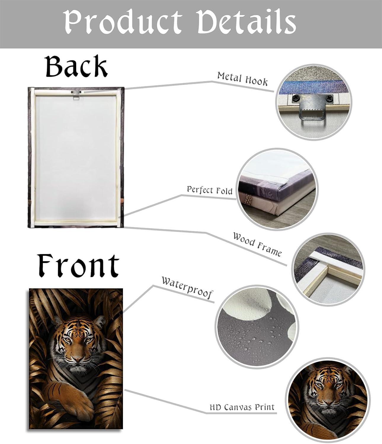 Tiger Canvas Wall Art Gold Leaves Picture Black Poster African Theme Jungle Animal Painting Prints for Living Room Bathroom Bedroom Modern Home Office Decor Framed(Tiger-1,12.00x18.00 inch)
