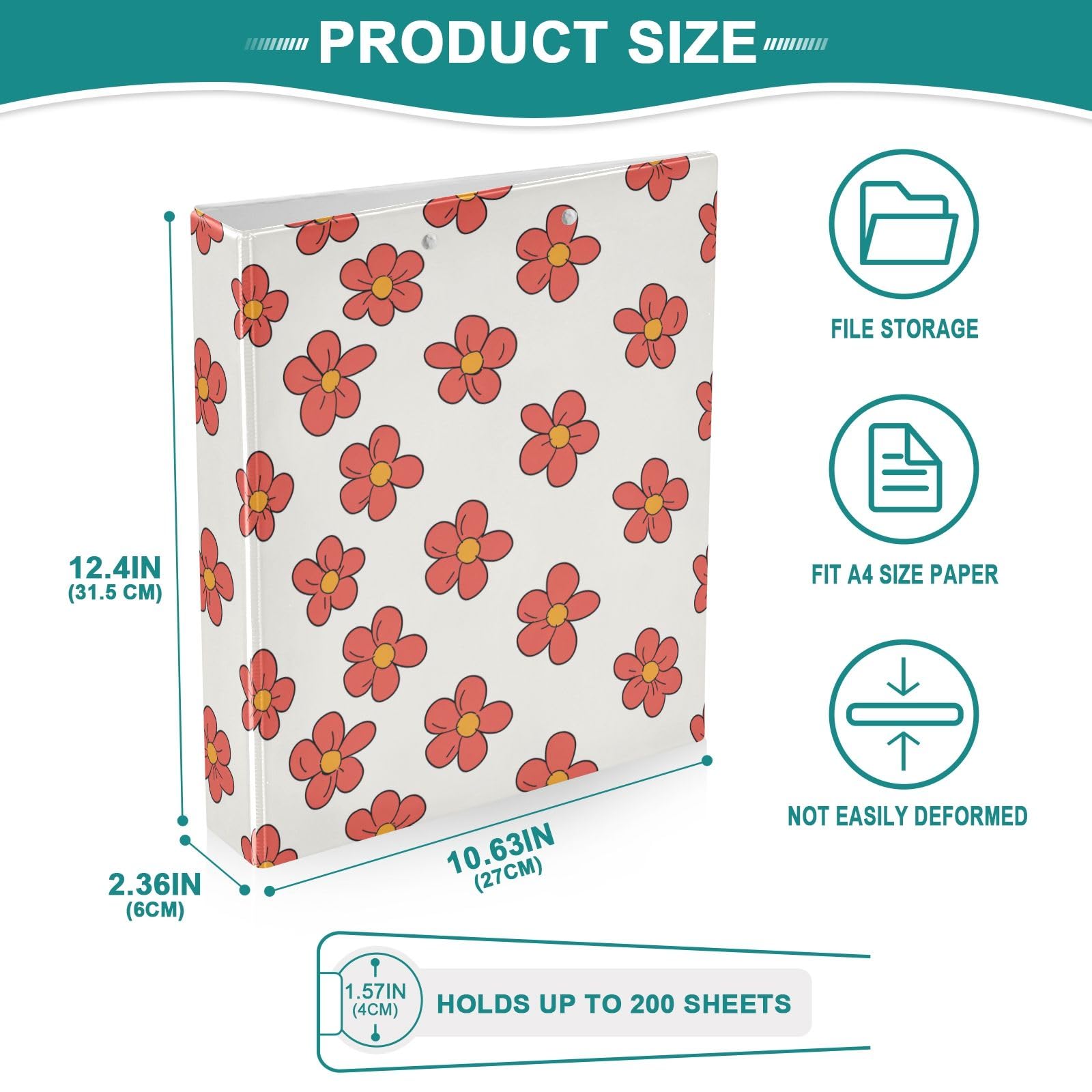 Raccoglitore a 3 anelli con motivo floreale rosso, piccolo, rotondo, da 3,8 cm, contiene 200 fogli con 3 tasche interne in PVC trasparente, per scuola e ufficio