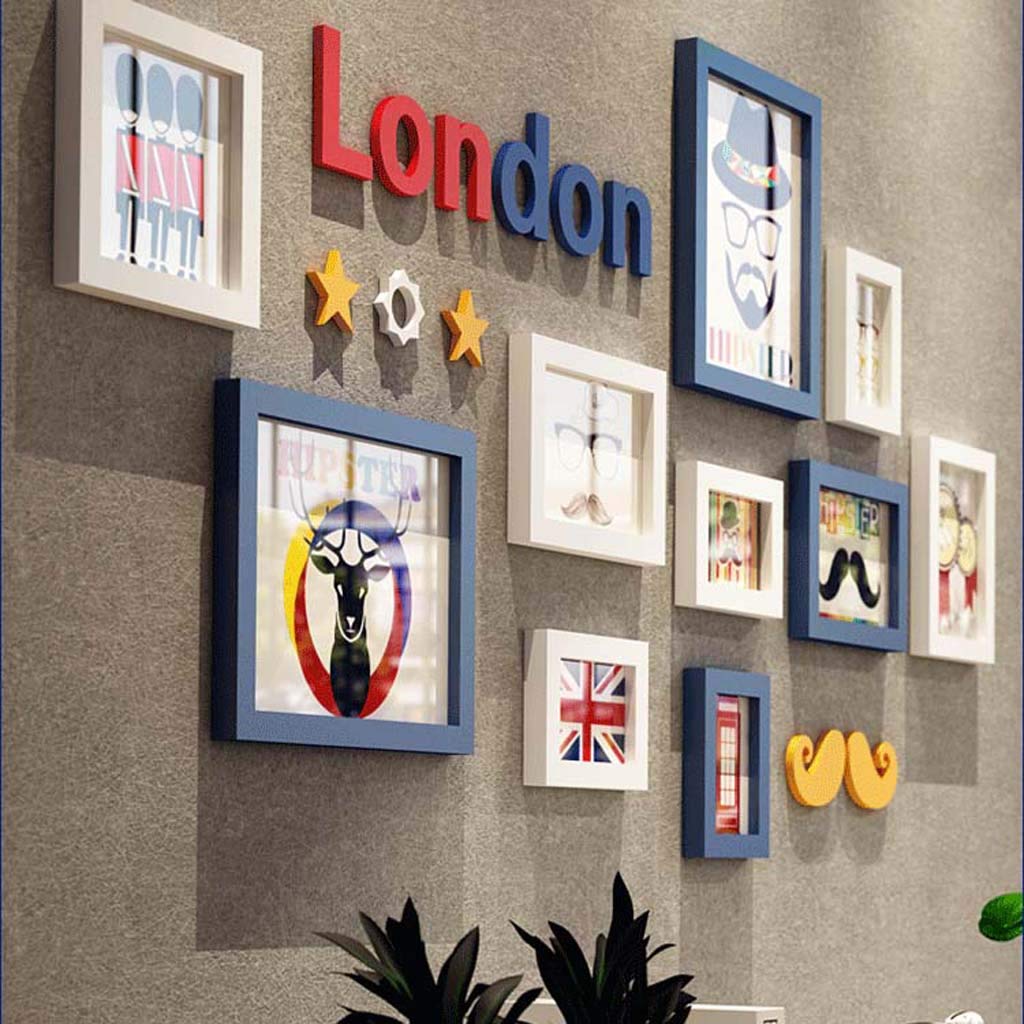 10Pcs Cornice per Foto in Legno massello Foto Creativa Parete/Cornice Combinazione Parete/Cornice -142 * 68 cm- Blu + Bianco
